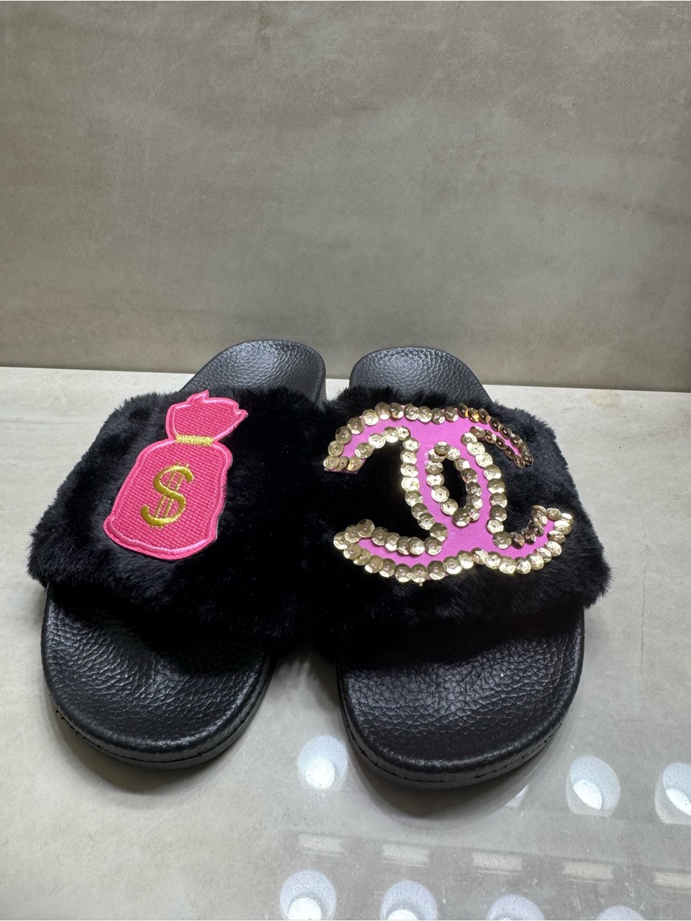 Black Faux Fur Slides with Pink Money Bag & CC-Inspired Logo